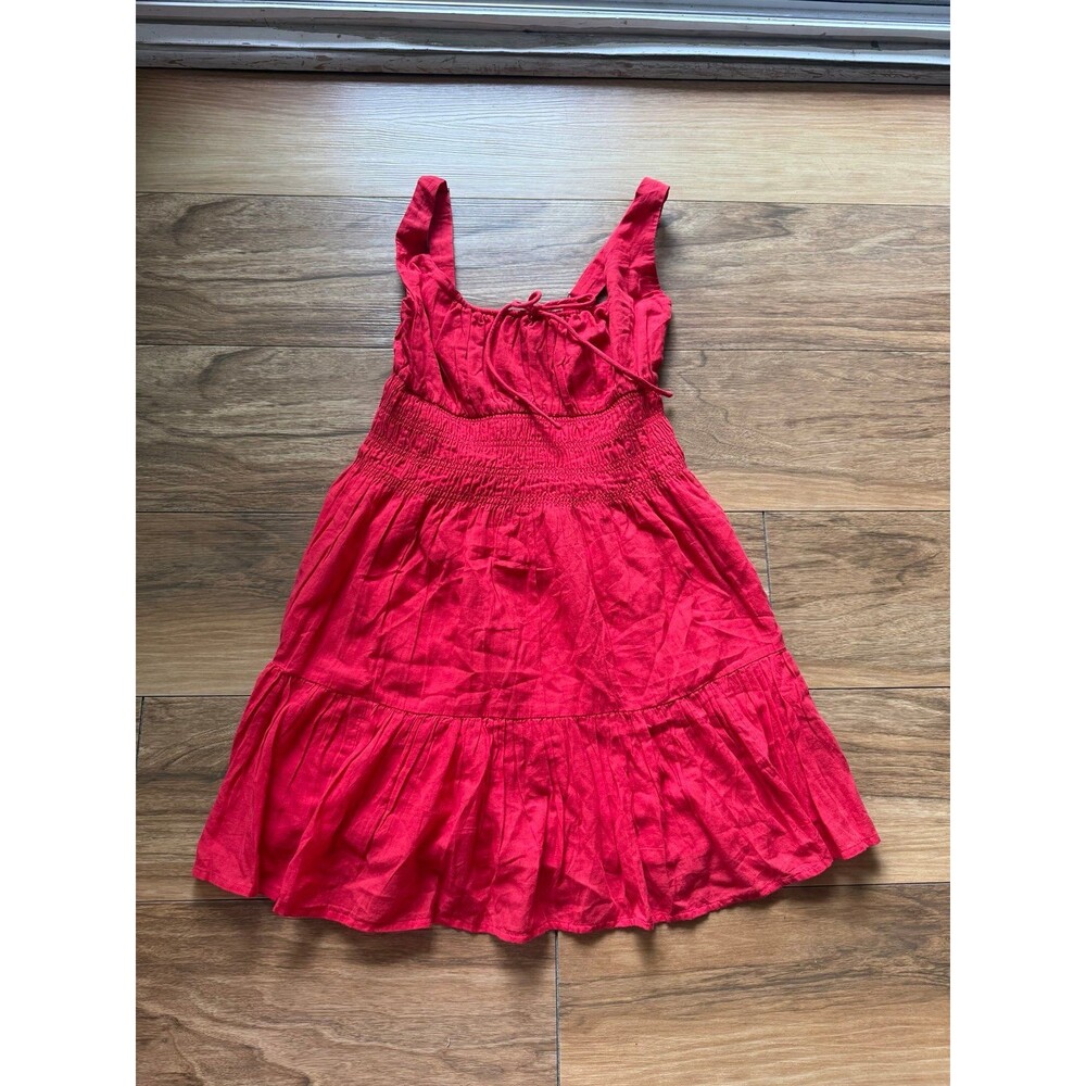 Abercrombie & Fitch Smocked Tie-Front Mini Lined Tiered Dress Red size XS Petite
